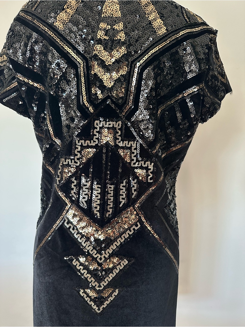Black Velvet Sequin Mini Dress Art Deco Geometric Gold Black Mobwife Glam Chic - Picture 6 of 10